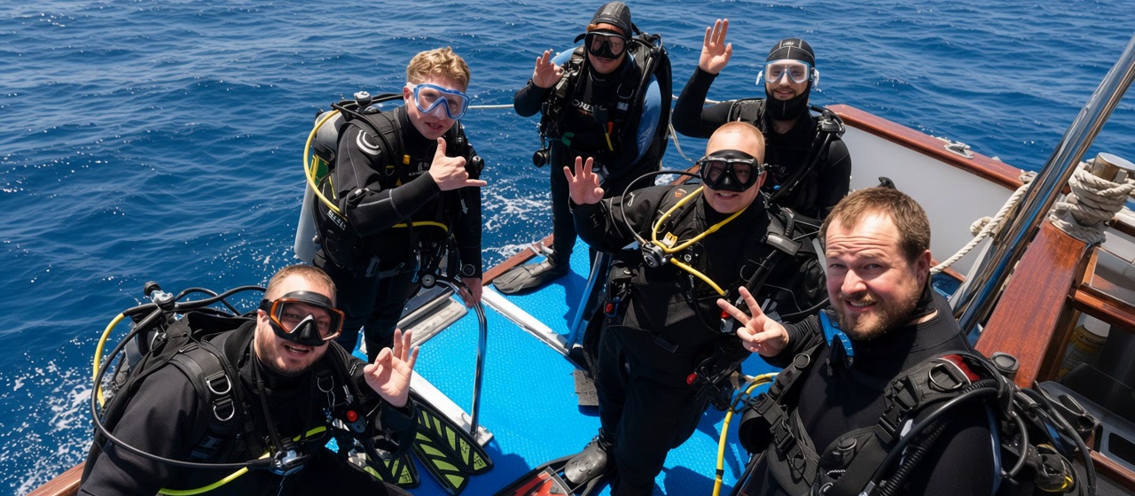 Divers in wetsuits on a Red Sea day-boat deck