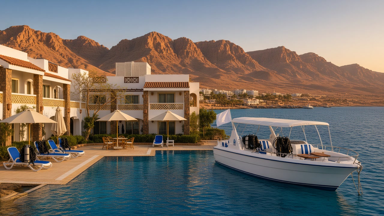 Dive centre and shoreline on the Sinai coast at Sharm El Sheikh